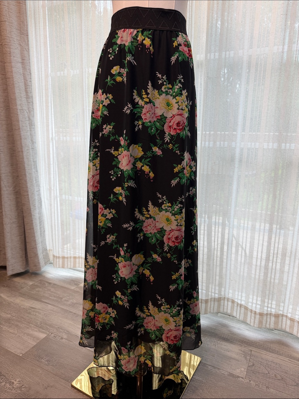 LuLaRoe Black Maxi Skirt with Pink and Green Floral Print